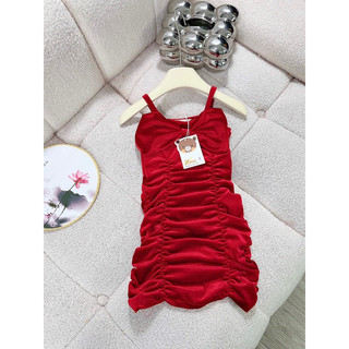 Xả Váy đầm nhung 2 dây rút eo cho bé gái
