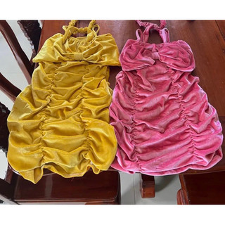 Xả Váy đầm nhung 2 dây rút eo cho bé gái