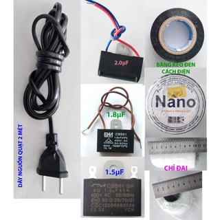 1 sợi dây nguồn quạt, 1 tụ quạt, 1 băng keo đen Nano, 1 cuộn chỉ đai mô tơ quạt, dây nguồn tròn máy khoan máy mài