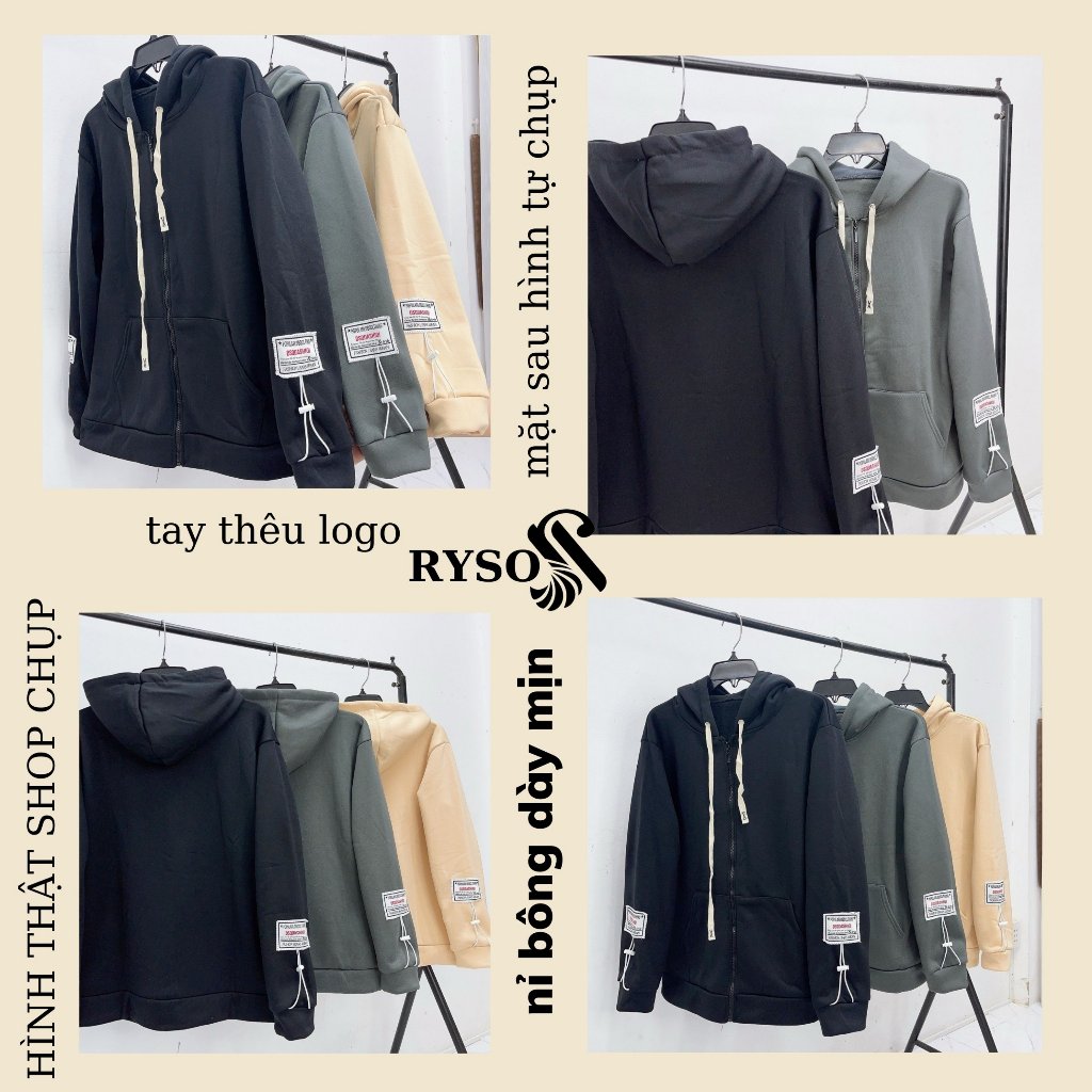 Áo Khoác Hoodie Zip RYSO FASHION Nỉ Bông Nam Nữ Basic Unisex Nỉ From Rộng Màu Đen