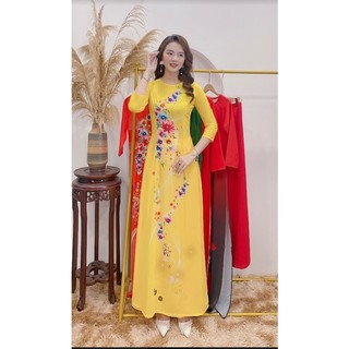 Bộ áo dài lụa Nhật in 3D (hoa trà mi xoắn)