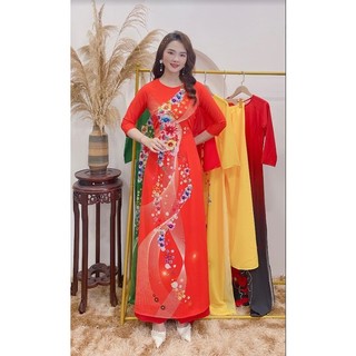 Bộ áo dài lụa Nhật in 3D (hoa trà mi xoắn)