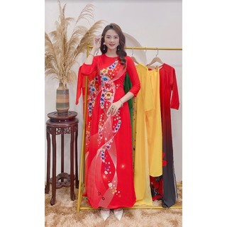 Bộ áo dài lụa Nhật in 3D (hoa trà mi xoắn)