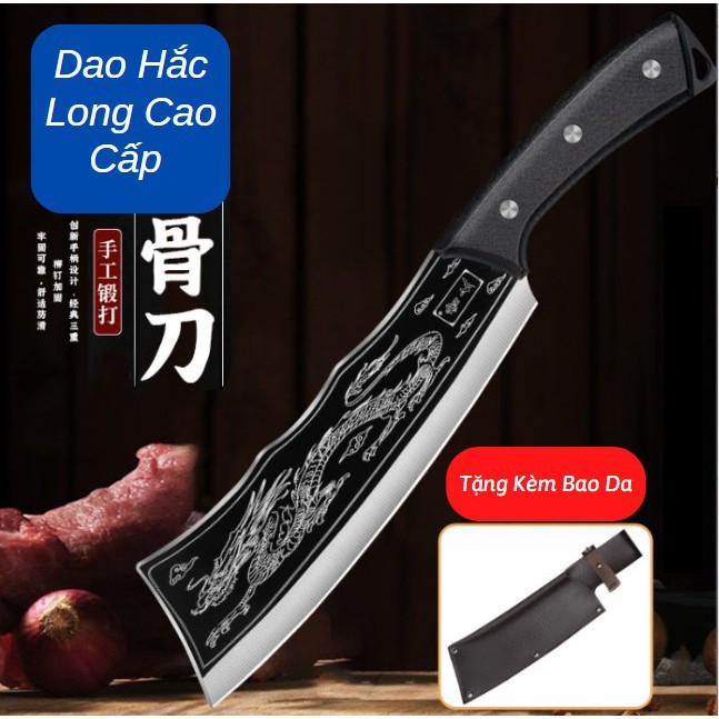 Dao Hắc Long Chặt Thái Cao Cấp Chất Liệu Thép Mangan Dao Phủ Carbon Điêu Khắc Laser Họa Tiết Vân Rồng [ Tặng Kèm Bao Da}