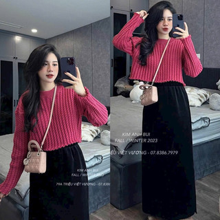 Áo len hồng cổ tròn vặn thừng nữ dáng croptop