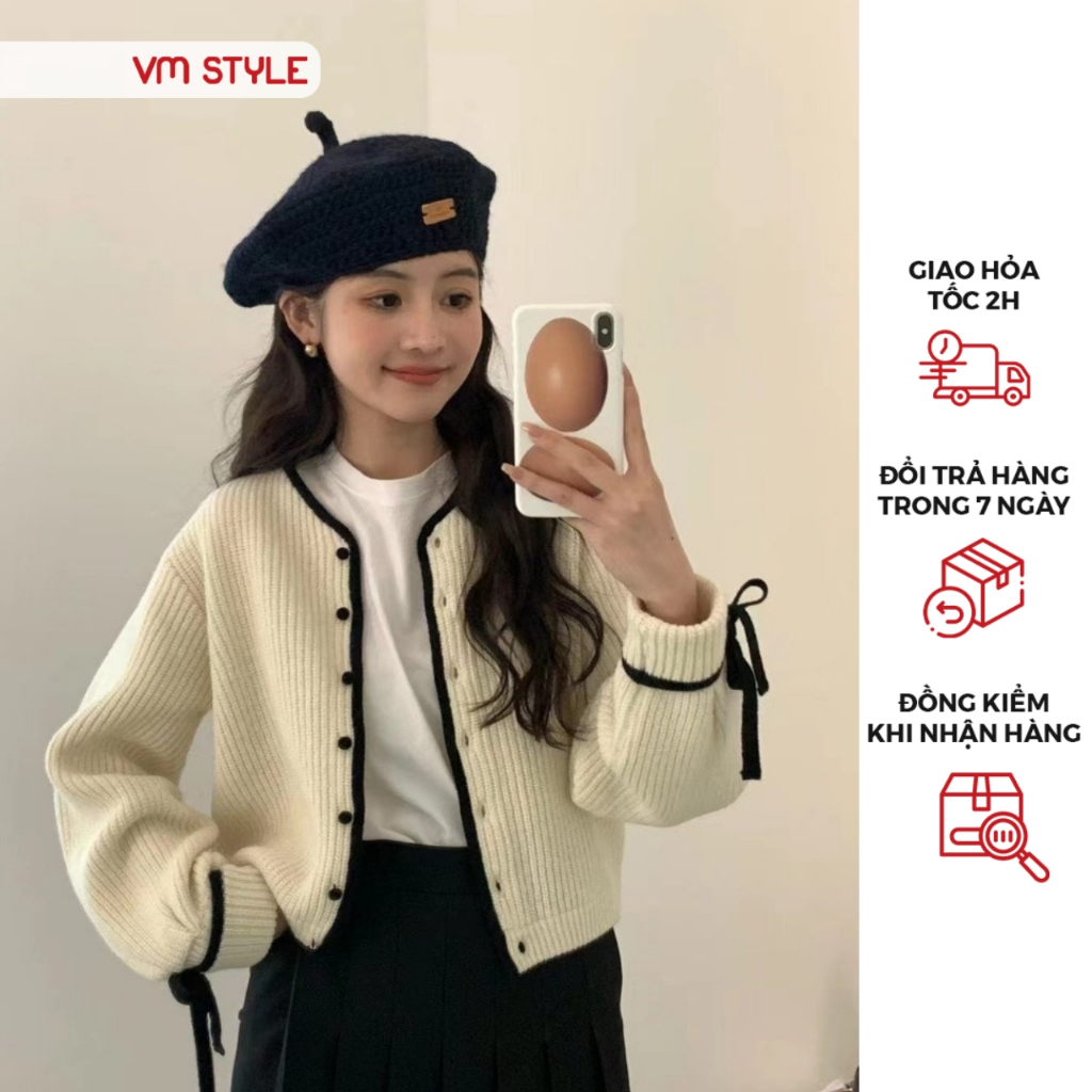 Áo khoác len nữ VMSTYLE cardigan croptop tay dài phối viền màu cài nút nơ tay dễ thương đi chơi, dạo phố 739 - KLU00036