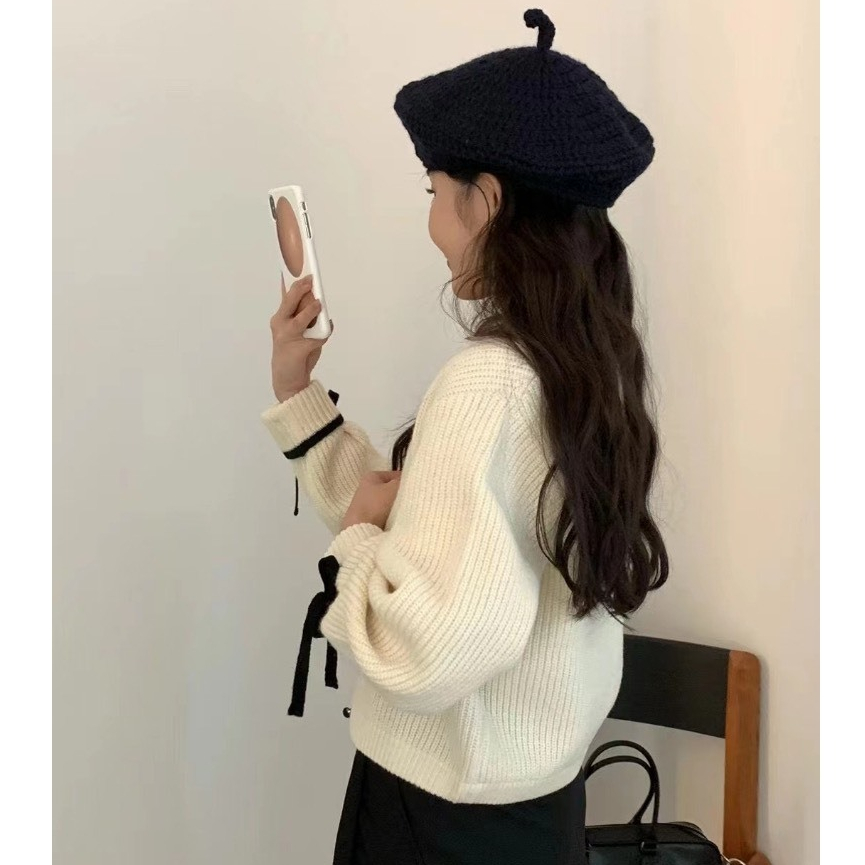 Áo khoác len nữ VMSTYLE cardigan croptop tay dài phối viền màu cài nút nơ tay dễ thương đi chơi, dạo phố 739 - KLU00036