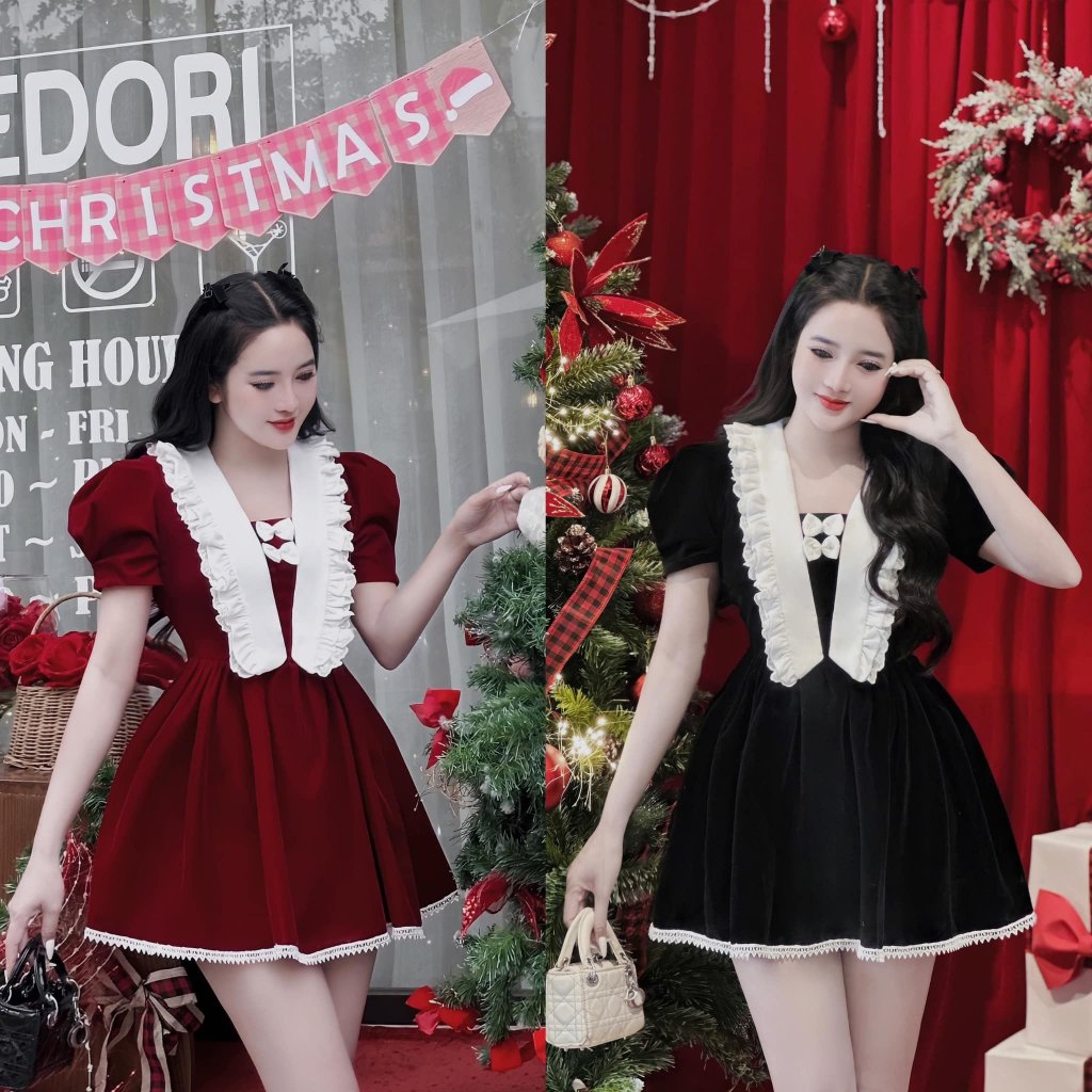 Đầm váy nữ nhung xòe xếp ly phối ren cổ chữ V với 2 tone màu cho các nàng diện đi chơi Noel, hẹn hò siêu xinh
