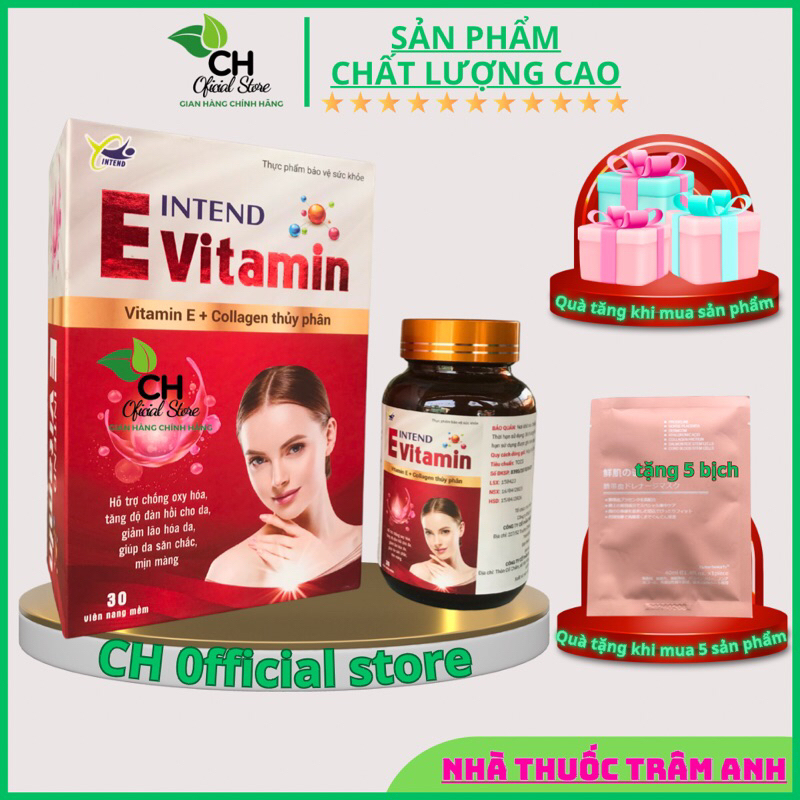 Viên uống sáng da đẹp da VITAMIN E INTEND thành,phần vitamin e + collagen thủy phân giảm thâm nám, tái tạo da hộp 30viên