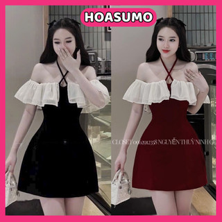 Váy trễ vai nhung,Đầm xòe chữ A ngắn phối voan nhún bèo trễ vai tiểu thư sang chảnh mặc Tết, đi tiệc HV509 HOASUMO