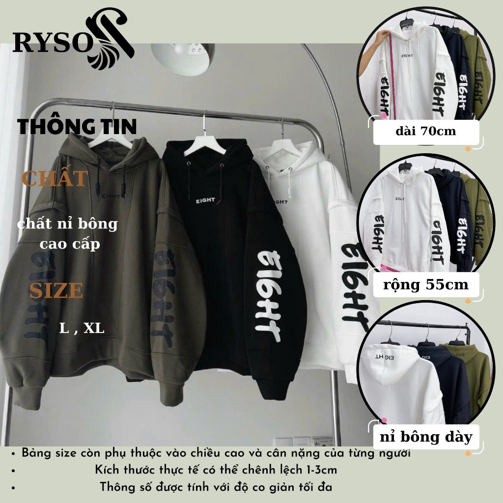 Áo Hoodie Nỉ Lót Bông Tay Nối EIGHT Form Rộng Unisex RYSO FASHION Zip Chất Nỉ Bông Dày Dặn