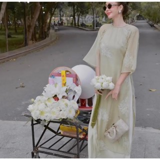   ASHYLEY  áo dài lụa tơ thêu thủ công kèm quần lụa set áo lụa tơ thuê tay lửng kèm quần dài ống suông thiết kế LOẠI 1 