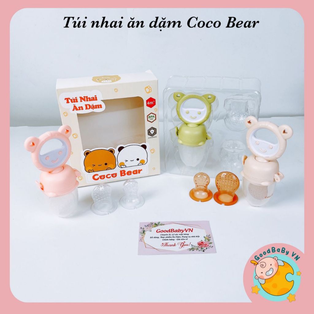 (Tặng Dây Đeo) Túi Nhai Ăn Dặm Coco Bear Chống Hóc Cho Bé Tập Ăn Hoa Quả, Có Núm Đẩy Thức Ăn GoodbabyVN