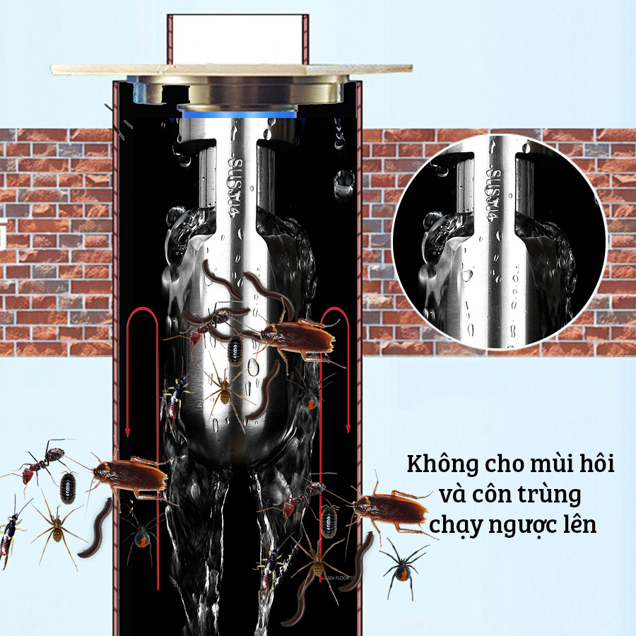 Nắp đậy cống thoát nước giúp ngăn mùi Richtree chống côn trùng,ngăn mùi 99% bằng cơ chế ngăn trữ nước,chất liệu inox 304
