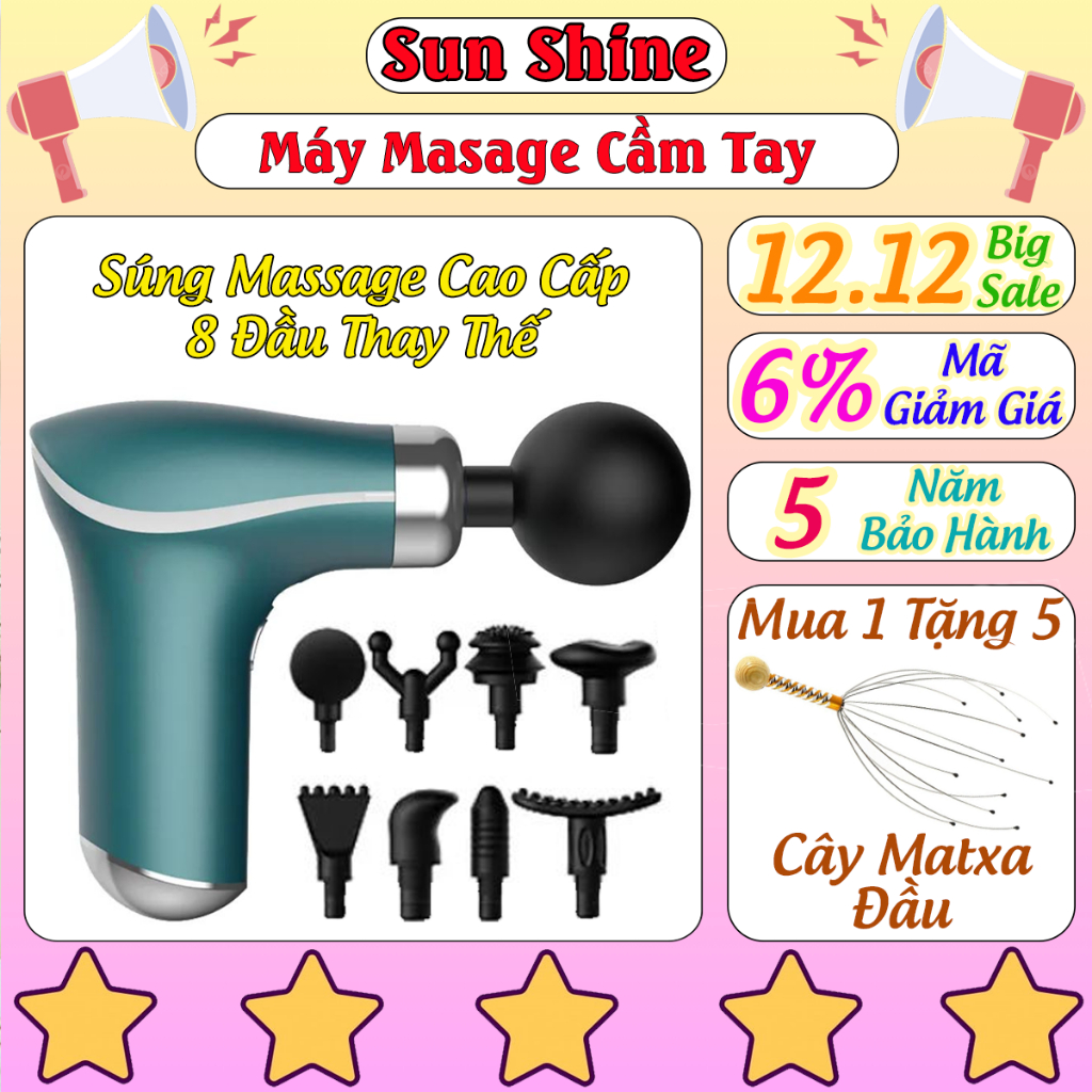 Máy mát xa cầm tay, súng massage cầm tay mini đa năng chính hãng cao cấp 8 đầu matxa