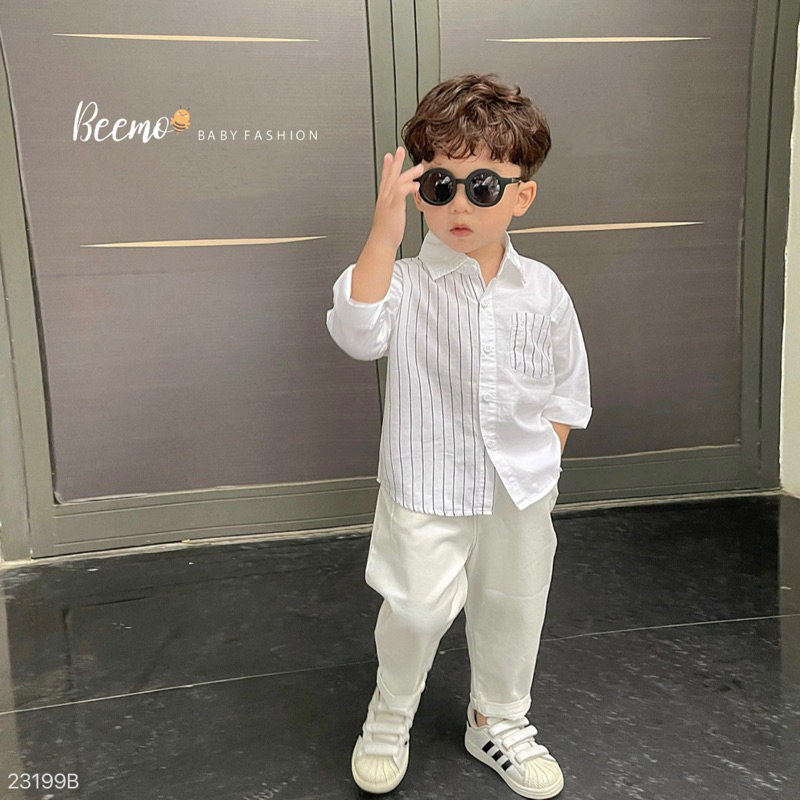 BỘ SƠ MI DÀI TAY PHỐI KẺ QUẦN KAKI TRẮNG CHO BÉ