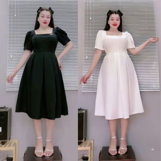 Đầm thiết kế dạ hội bigsize nữ cổ vuông tay ngắn bồng tiểu thư bo eo váy dáng dài xòe xếp ly style sang trọng DTK19