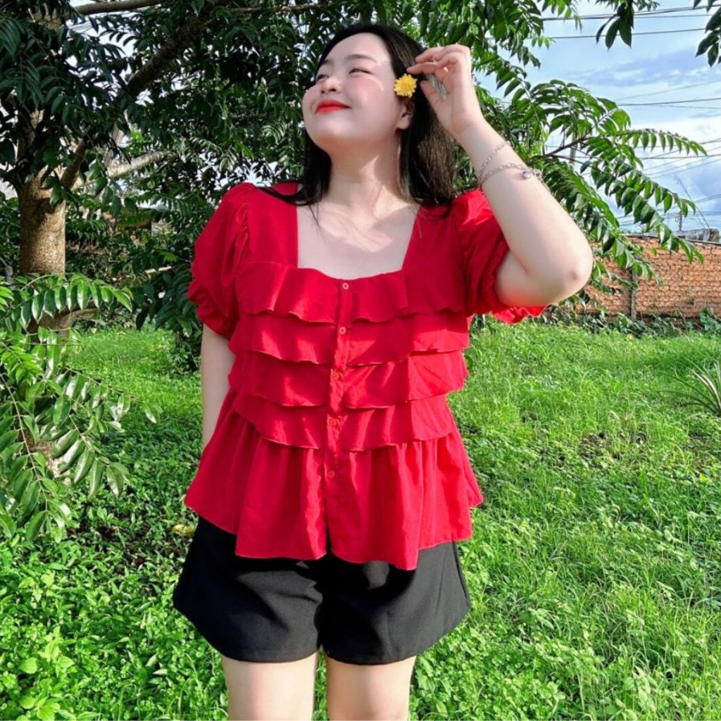 Áo sơ mi tay bồng bigsize nữ, Cổ vuông vạt xòe cách điệu đường dập xếp ly chất vải xoa mềm mịn tôn dáng- SM36