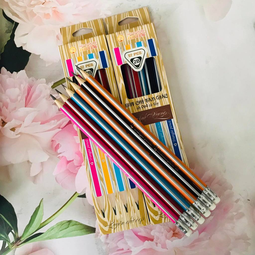 Bộ 12 bút chì tam giác 2B - 065  dành cho bé tập viết, Bút ngòi chì gỗ 2B thông minh