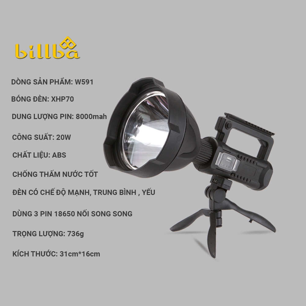 Đèn pin siêu sáng cầm tay W591 pha to chiếu cực xa, bóng led P70 cao cấp