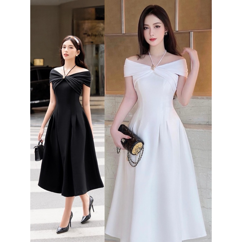 Đầm dự tiệc dáng dài trễ vai đính khoen sang trọng