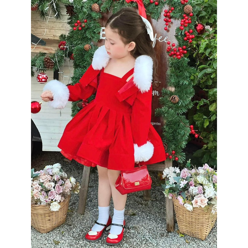 Set nhung noel áo khoác phối váy xoè 2 dây cổ lông cho bé gái