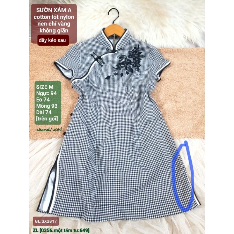Sườn xám  form A kẻ caro, xẻ tà, cotton lót nylon, size M, 2hand/used, 2817 có lỗi