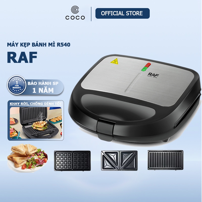 Máy kẹp bánh mì RAF R540, công suất 850W, 3 khay nướng, máy nướng bánh mì, làm bánh waffle, rán trứng đa năng tiện lợi