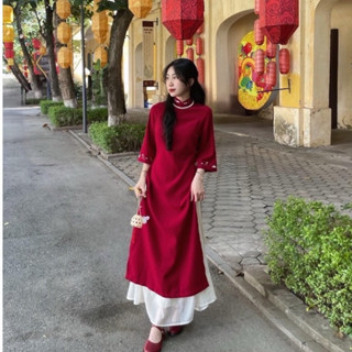 [SẴN HÀNG] ÁO DÀI NHUNG TĂM THÊU HOA  MIX CHÂN VÁY XÒE ÁO DÀI TẾT