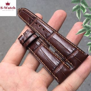 Dây da đồng hồ cá sấu handmade khâu tay cao cấp màu nâu cafe chỉ vàng