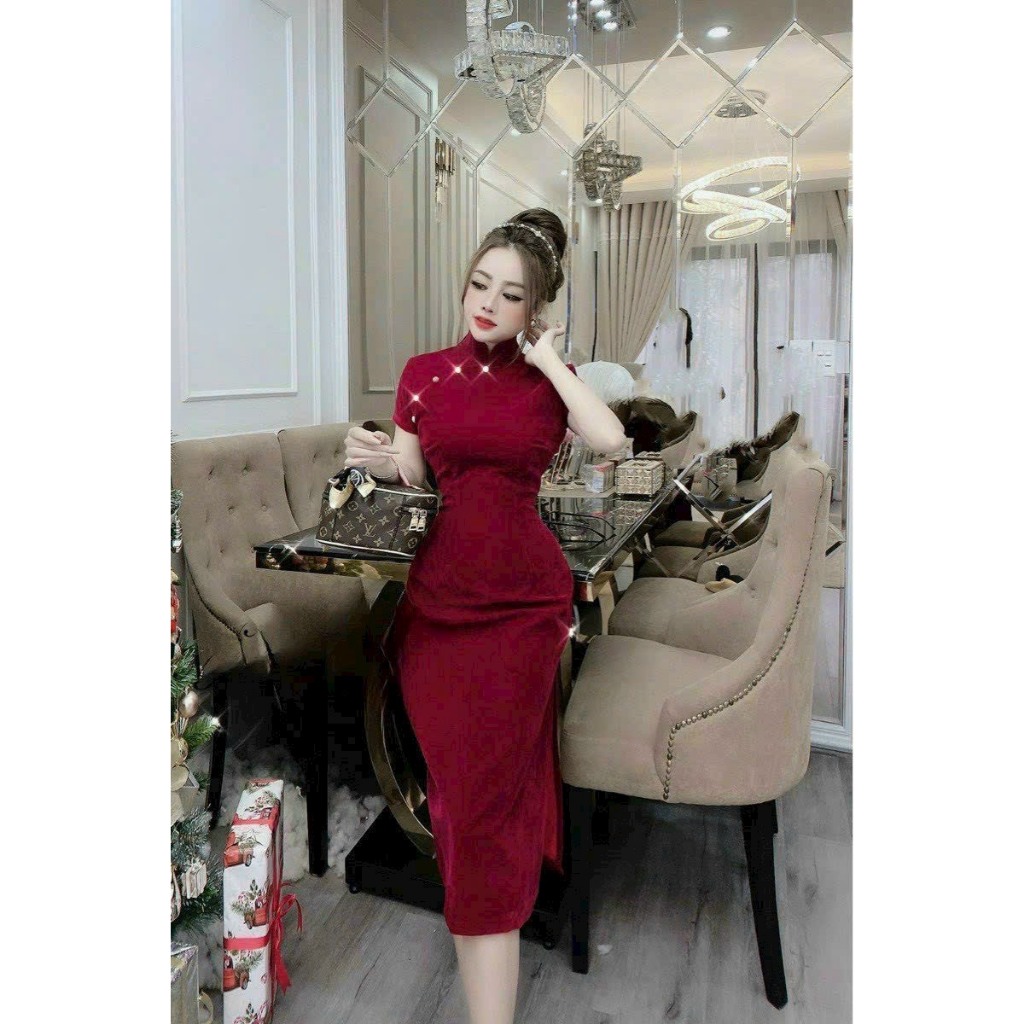 Đầm Sườn Xám Đỏ Thiết Kế Nữ Đi Chúc TẾT , Lì Xì Chất Nhung Cứng Xịn Qc Cổ Tàu Tay Ngắn Ôm Body Siêu Tôn Dáng