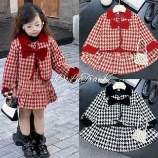 Set váy nơ dạ kẻ lông xinh xắn bé gái