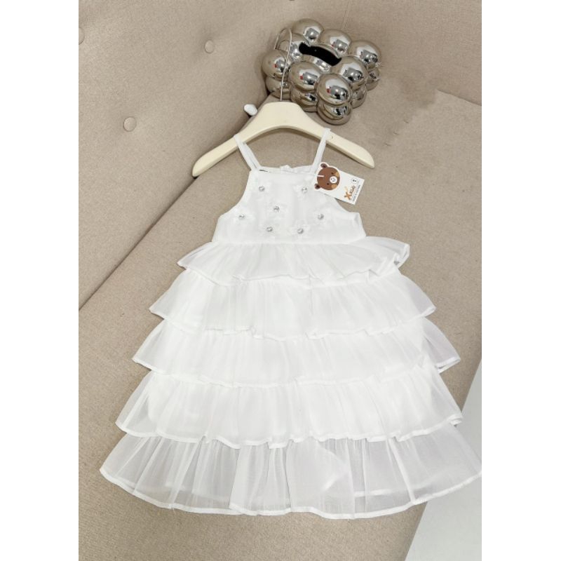 Váy  2 dây tầng bèo đính hoa nổi xinh xắn bé gái