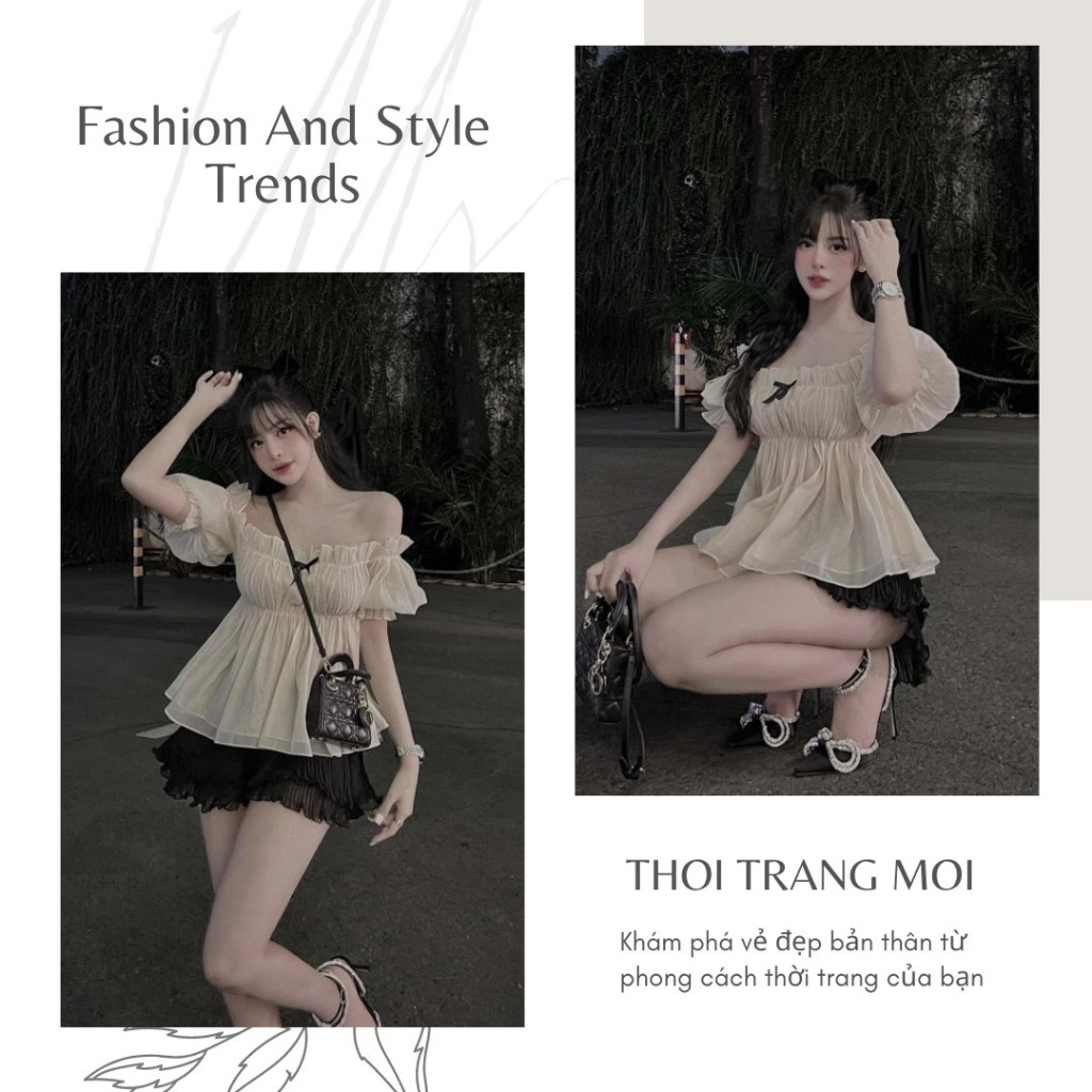 Set nữ tiểu thư áo trễ vai bo chun kèm chân váy