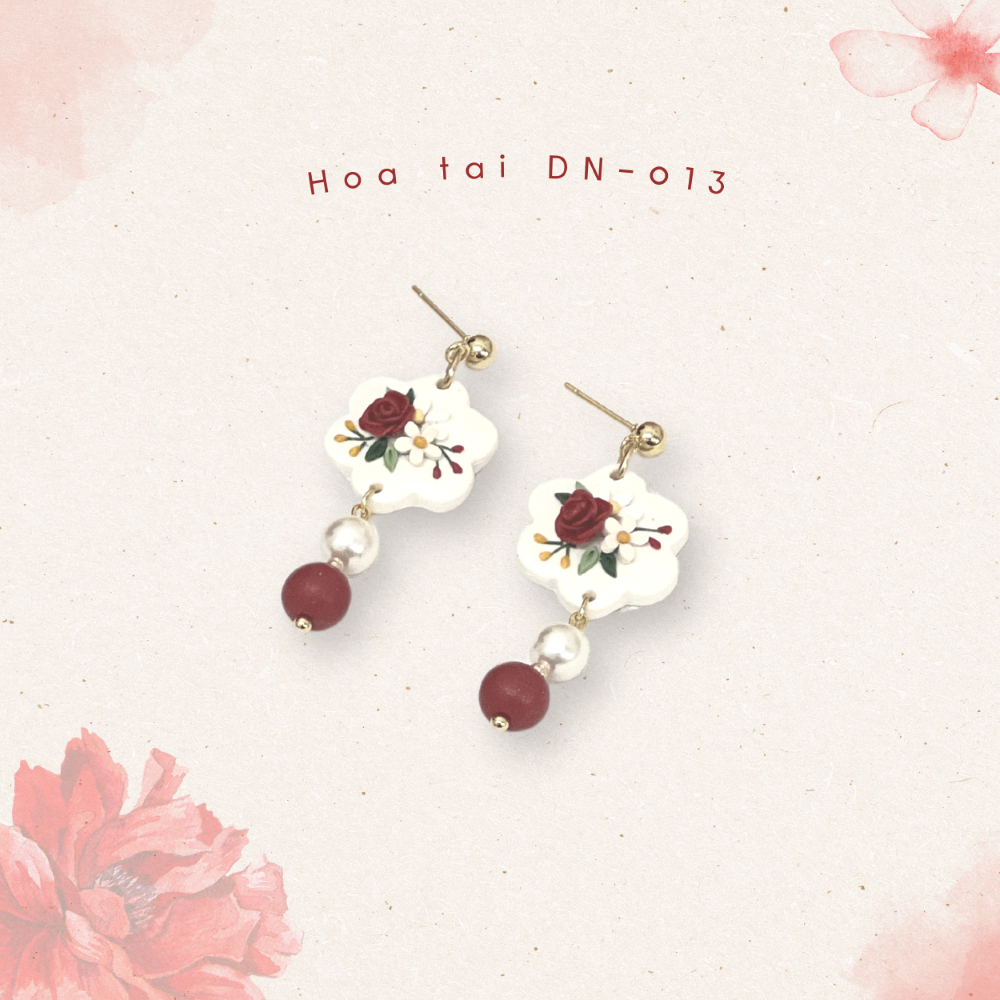 Sumire Store Hoa tai DN-013 Đất Nung Lạc Hoa Bính đỏ phối hạt ngọc đỏ