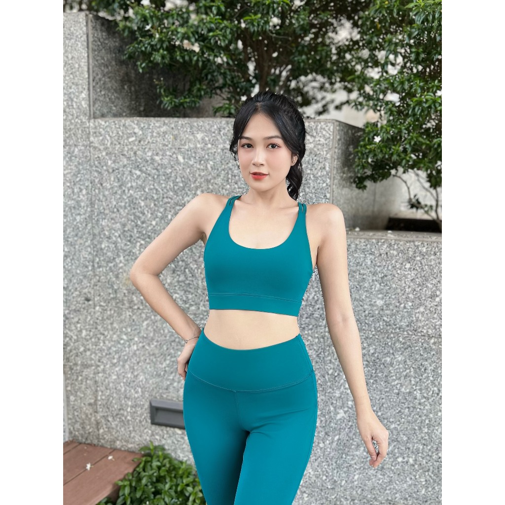Bộ Tập Gym Yoga Erobic Nữ Áo Bra Croptop Đan Dây Sau Lưng Quần Legging Thun Co Giãn Kèm Mút-