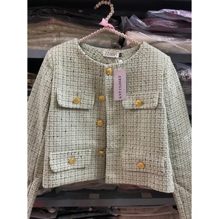 Áo khoác dạ tweed nữ dáng vừa cổ tròn cúc vàng ánh kim kiểu hàn, áo dạ thu đông