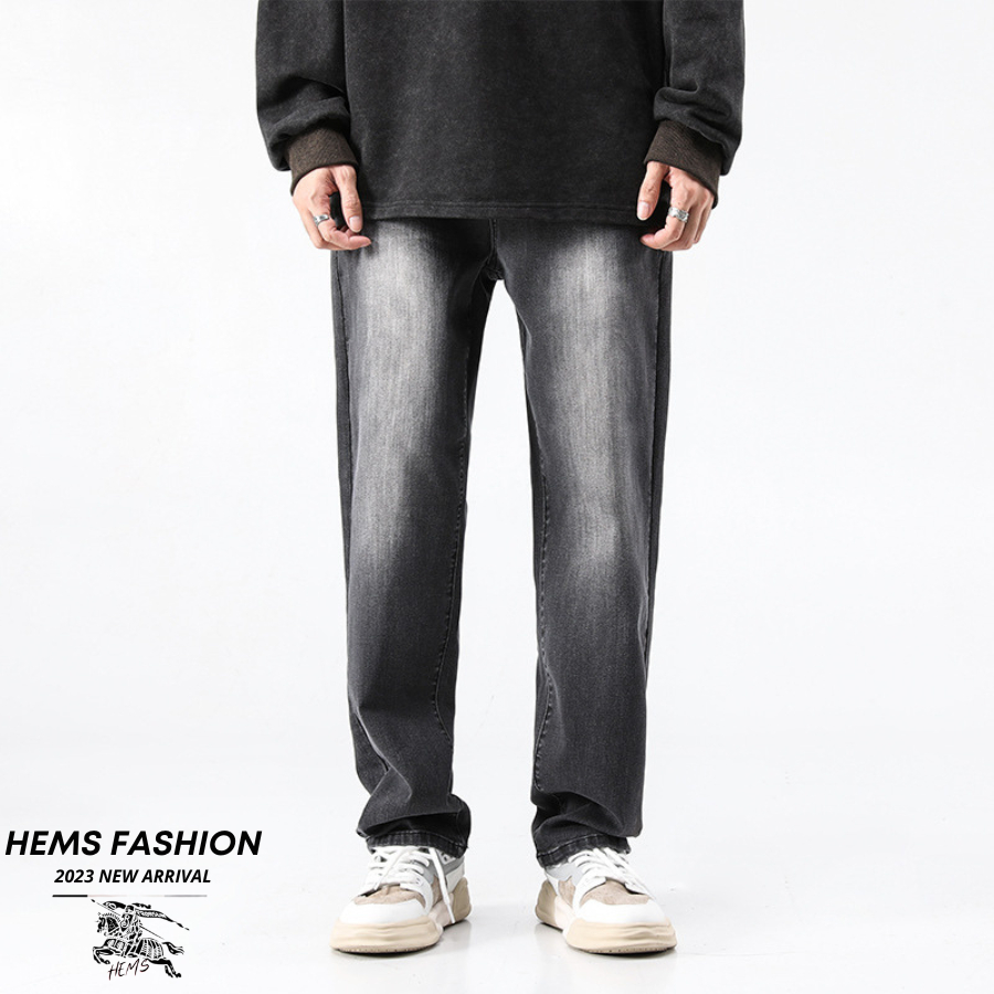 Quần Jean Suông Ống Rộng Màu Đen Loang Unisex, Quần Bò Baggy Nam Nữ Dày Dặn Phối Wash Hem Fashion