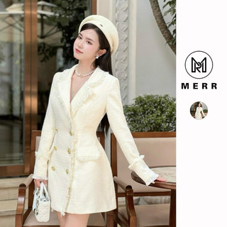 [MERR] Đầm Dạ Kem Hồng Cổ Vest Dài Tay Khuy Đồng Đệm Vai