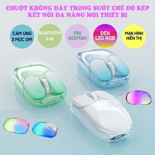 Chuột không dây trong suốt AJAZZ I069 chế độ kép bluetooth và 2.4G bảy hiệu ứng đèn led RGB pin sạc lại, hiển thị Pin