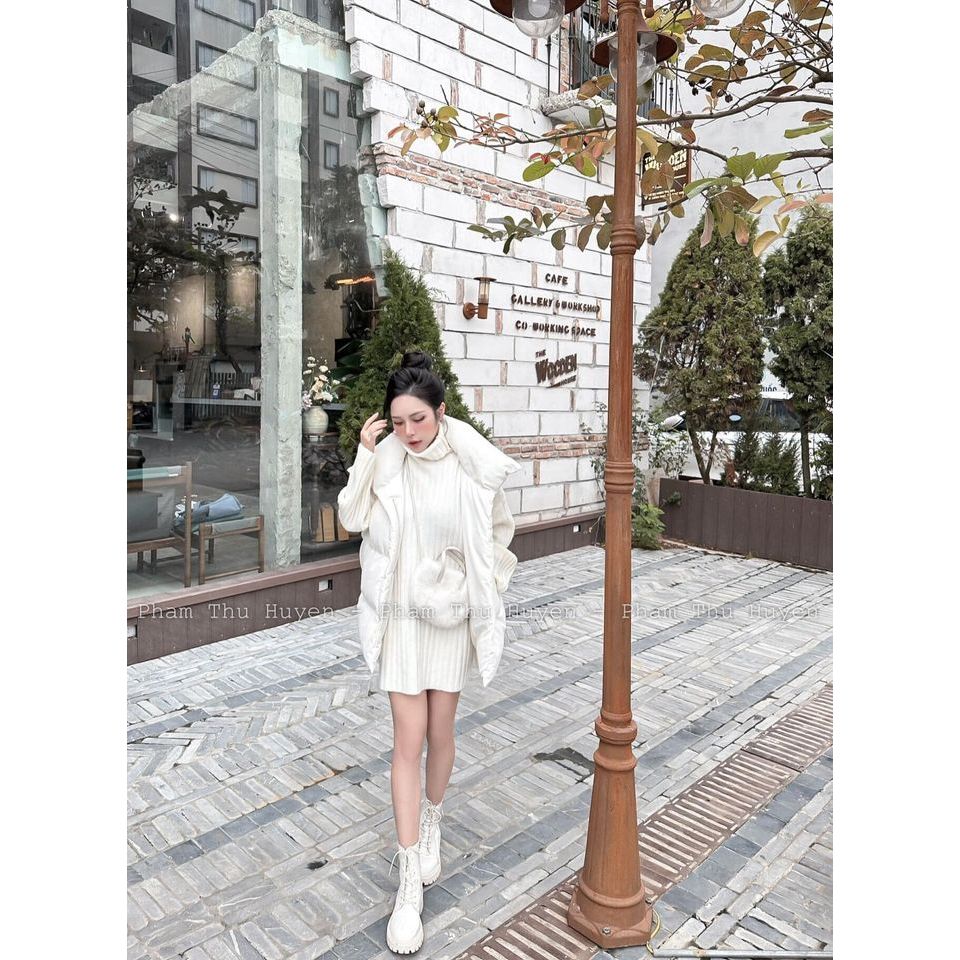 SET VÁY LEN CỔ LỌ KÈM ÁO GILE PHAO