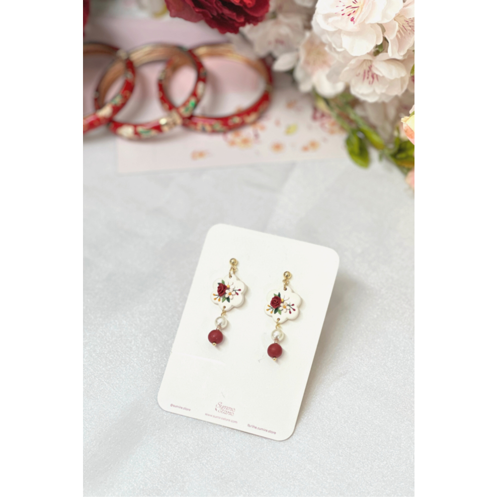 Sumire Store Hoa tai DN-013 Đất Nung Lạc Hoa Bính đỏ phối hạt ngọc đỏ