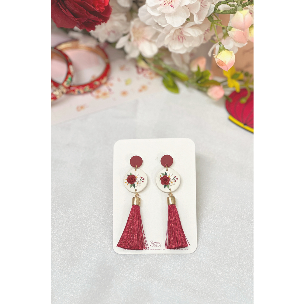 Sumire Store Hoa tai DN-012 Đất Nung Lạc Hoa Bính đỏ phối dây tua rua