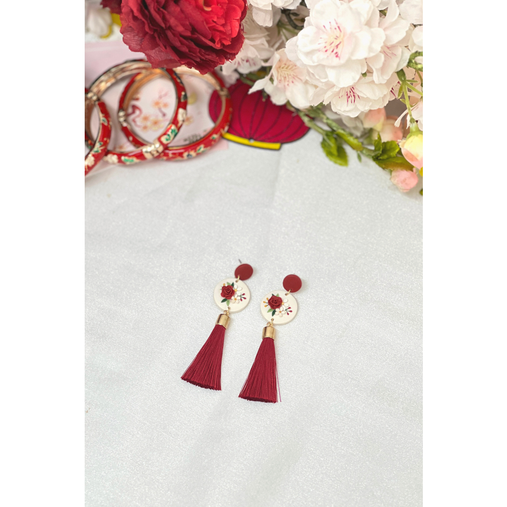 Sumire Store Hoa tai DN-012 Đất Nung Lạc Hoa Bính đỏ phối dây tua rua