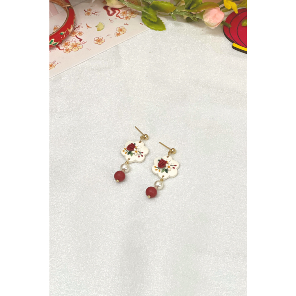 Sumire Store Hoa tai DN-013 Đất Nung Lạc Hoa Bính đỏ phối hạt ngọc đỏ