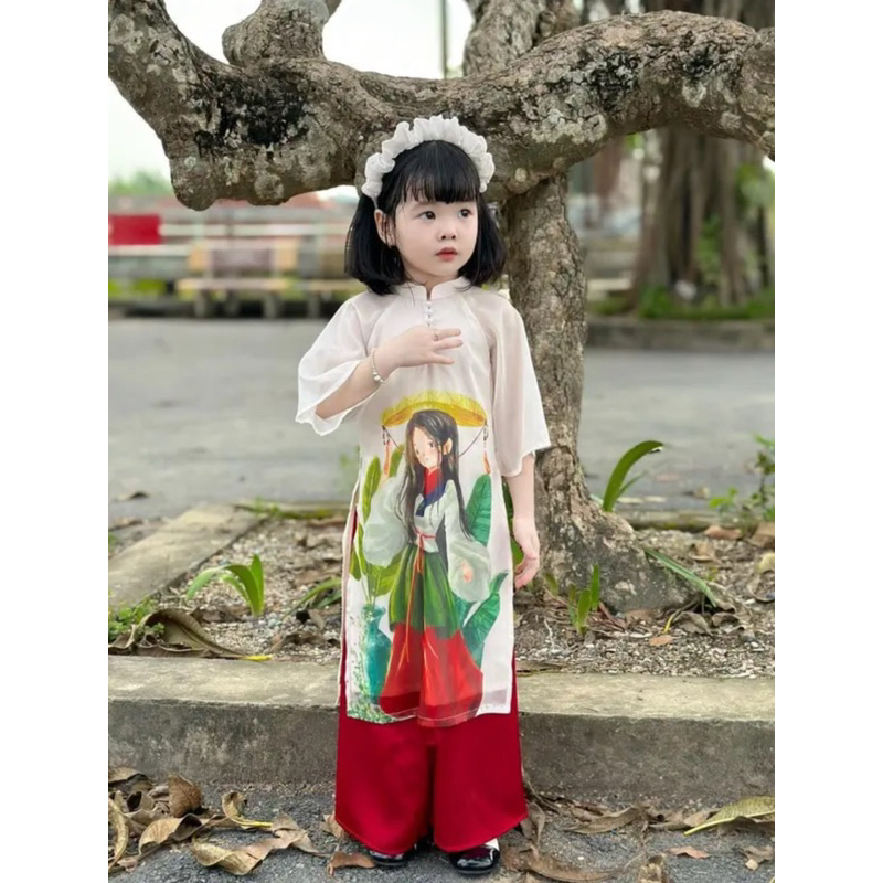 Áo dài tơ tầng cổ tàu bé gái