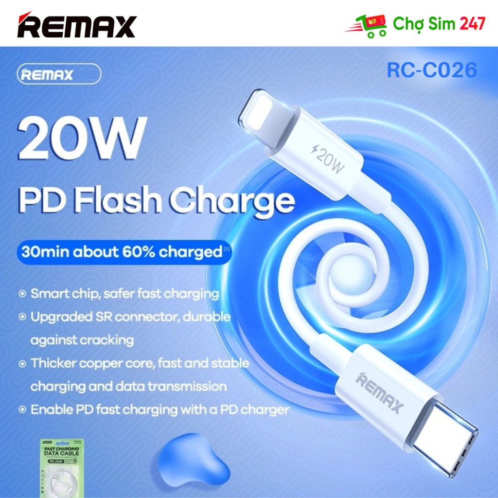 Cáp sạc nhanh REMAX PD 20W RC-C026 RC-061 RC-188i  dành cho điện thoại