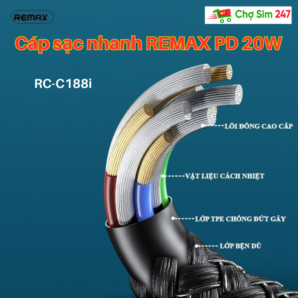 Cáp sạc nhanh REMAX PD 20W RC-C026 RC-061 RC-188i  dành cho điện thoại