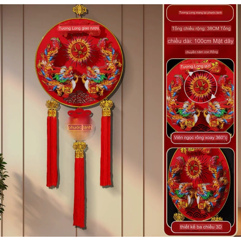 Dải treo Tết 2024 Loại To 40cm họa tiết Rồng Xoay 360 độ 6 lớp cao cấp Mang lại Tài Lộc Đại Cát Đại Lợi May Mắn