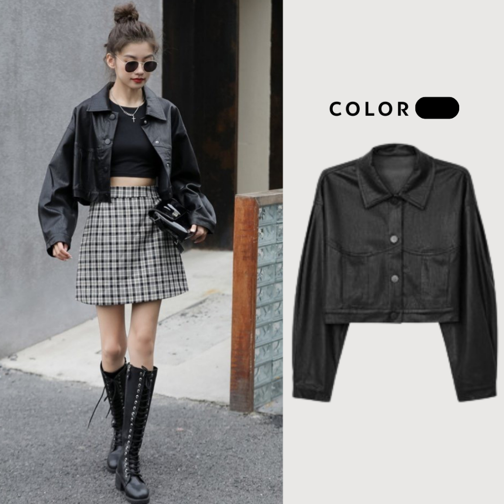 Áo khoác da croptop basic, áo khoác da nữ phong cách cá tính trẻ trung năng động mặc đi chơi đi học đi làm